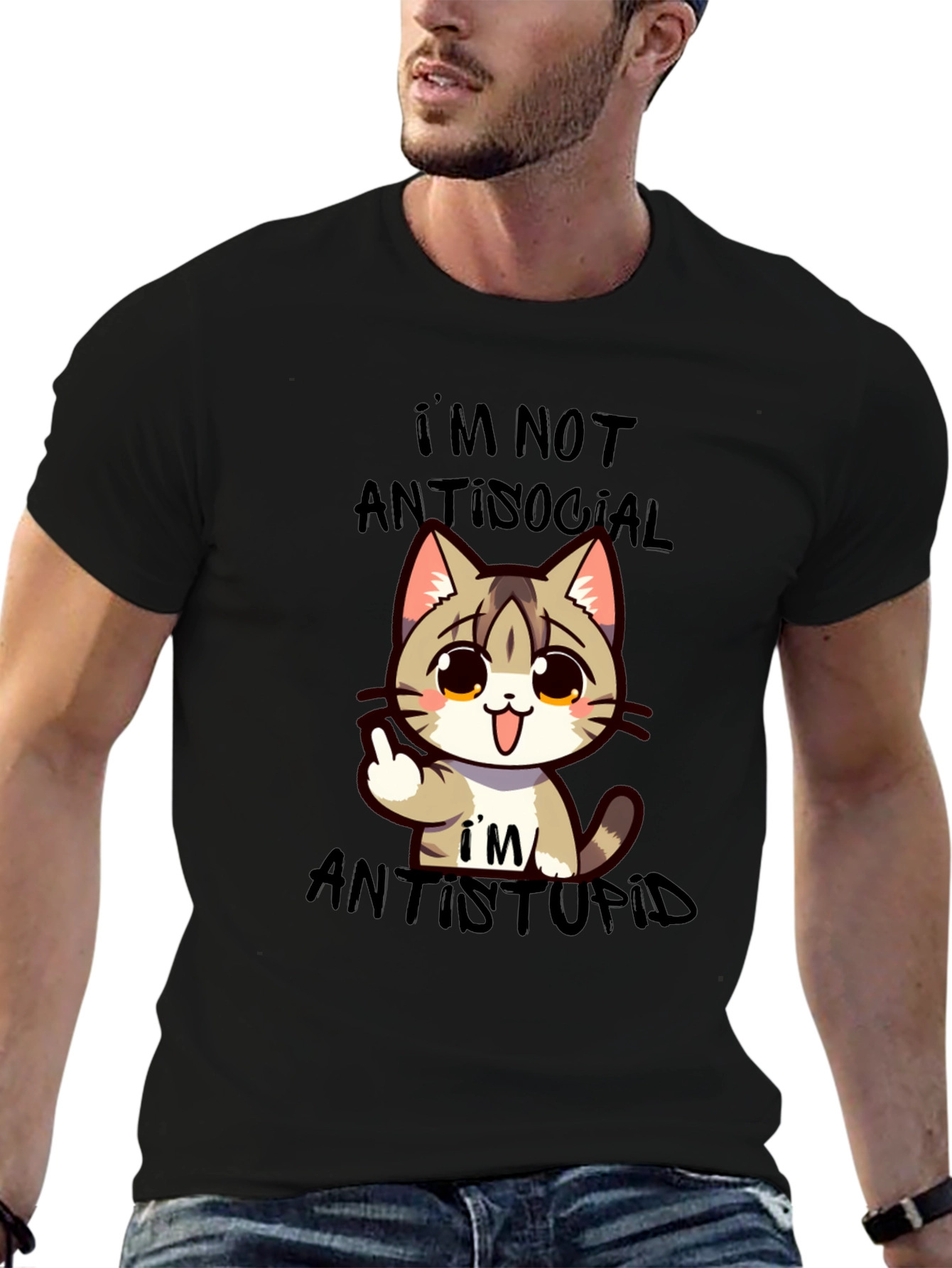 Antisocial Antistupid Cat Graphic T-Shirt