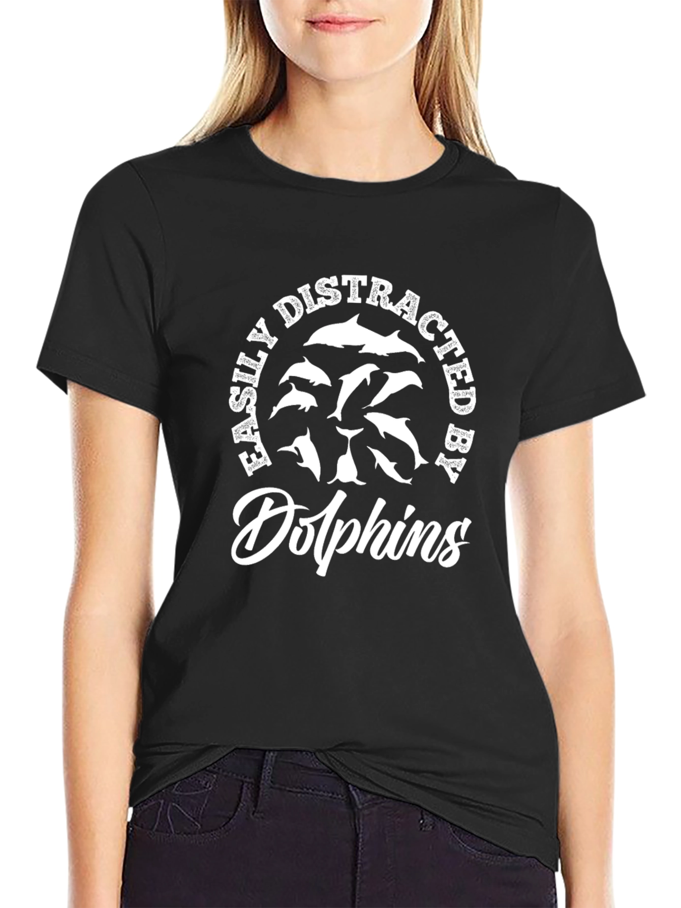 Easily Distracted by Dolphins Graphic Tee - Black