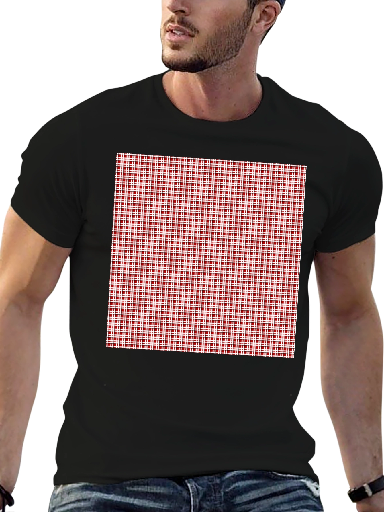 Black Tee with Red Gingham Check Print