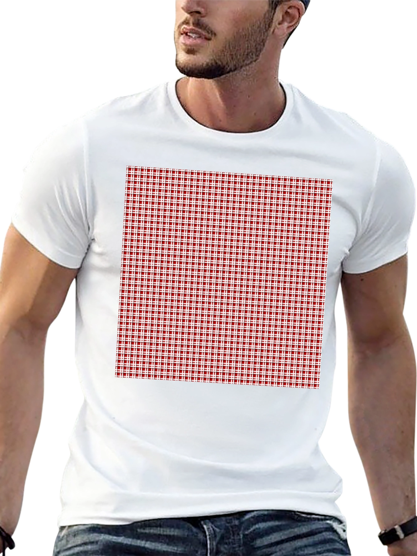 Black Tee with Red Gingham Check Print
