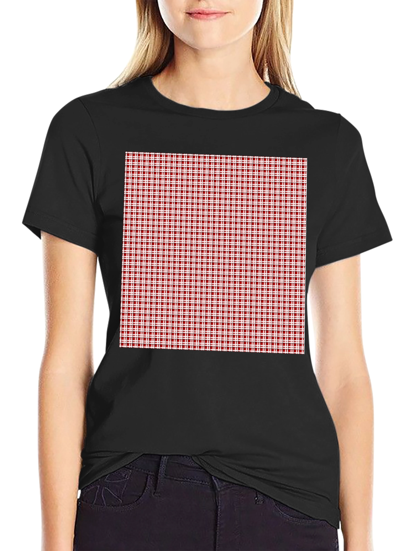 Black Tee with Red Gingham Check Print