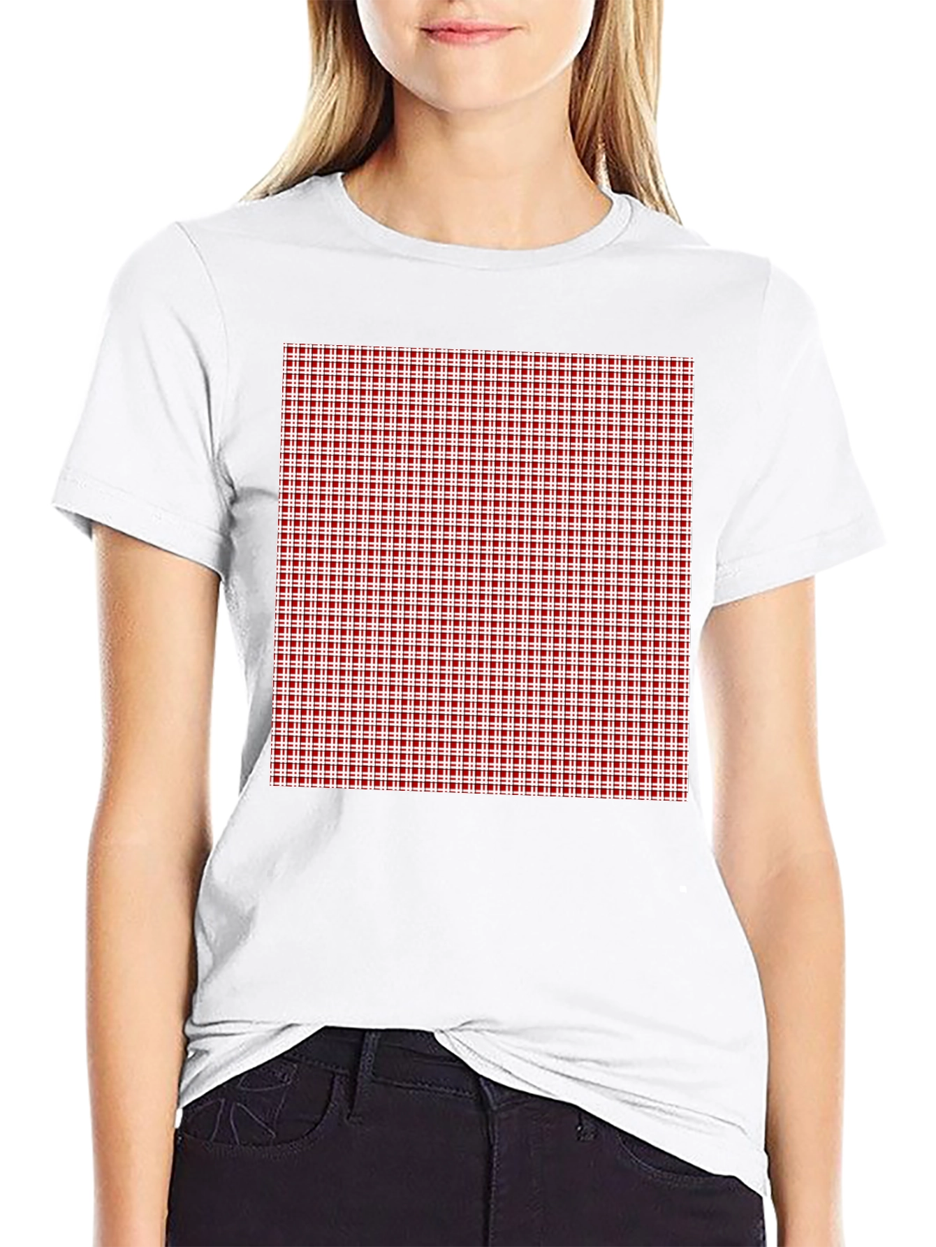 Black Tee with Red Gingham Check Print