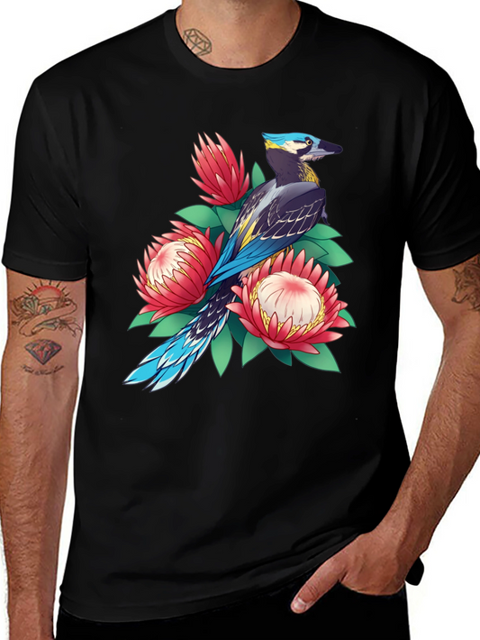 Bird & Floral Print T-Shirt - Casual Style