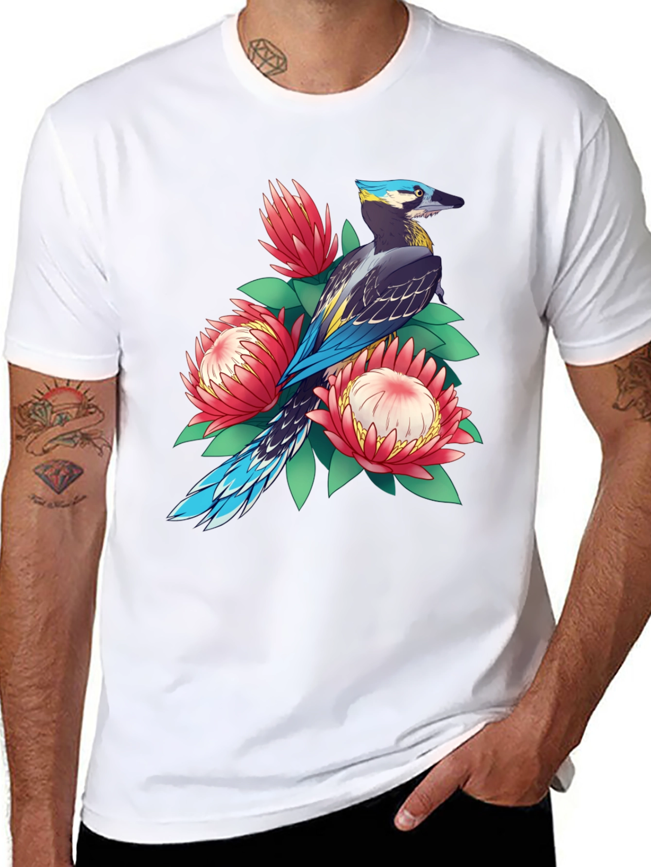 Bird & Floral Print T-Shirt - Casual Style