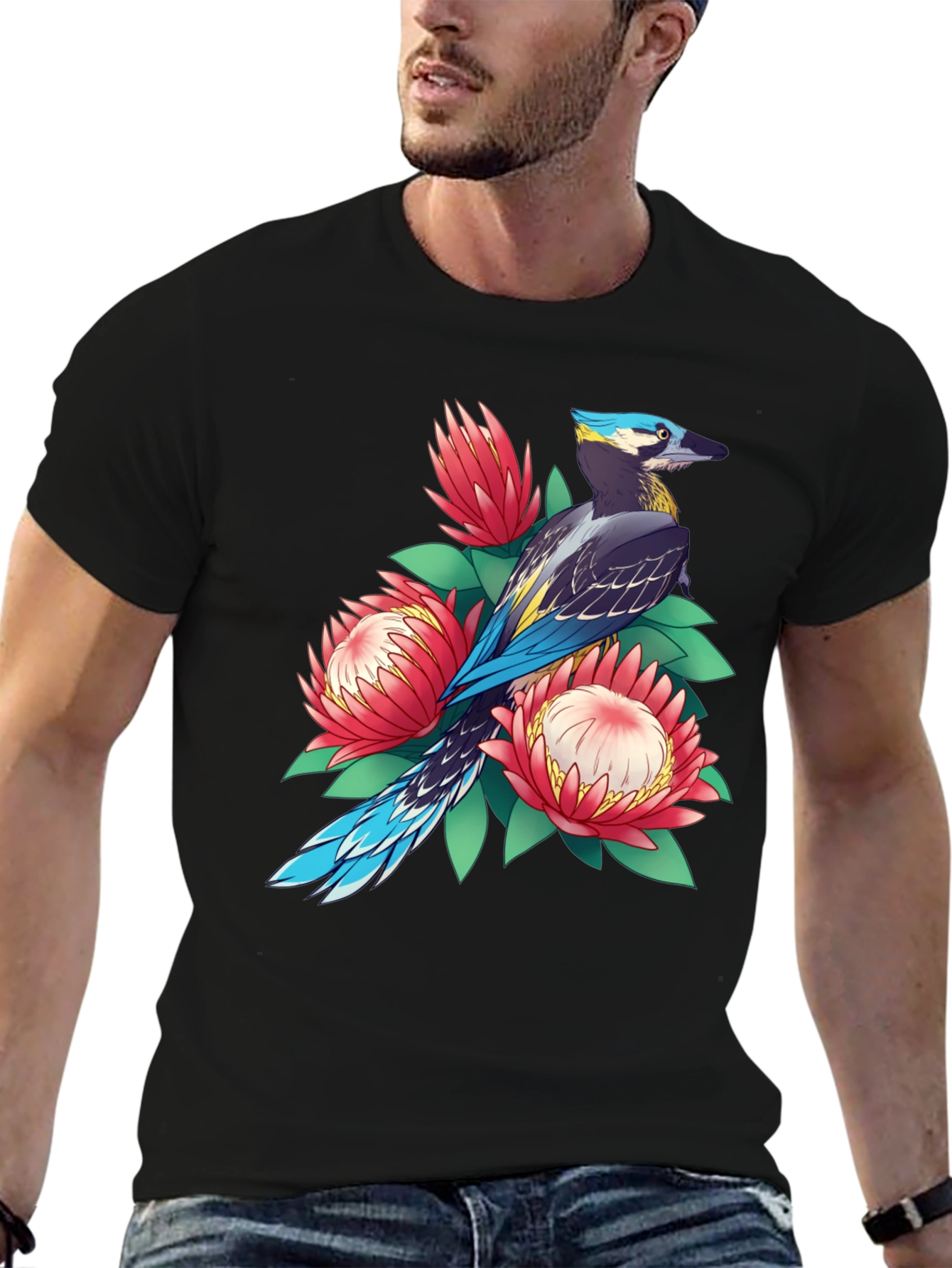 Bird & Floral Print T-Shirt - Casual Style