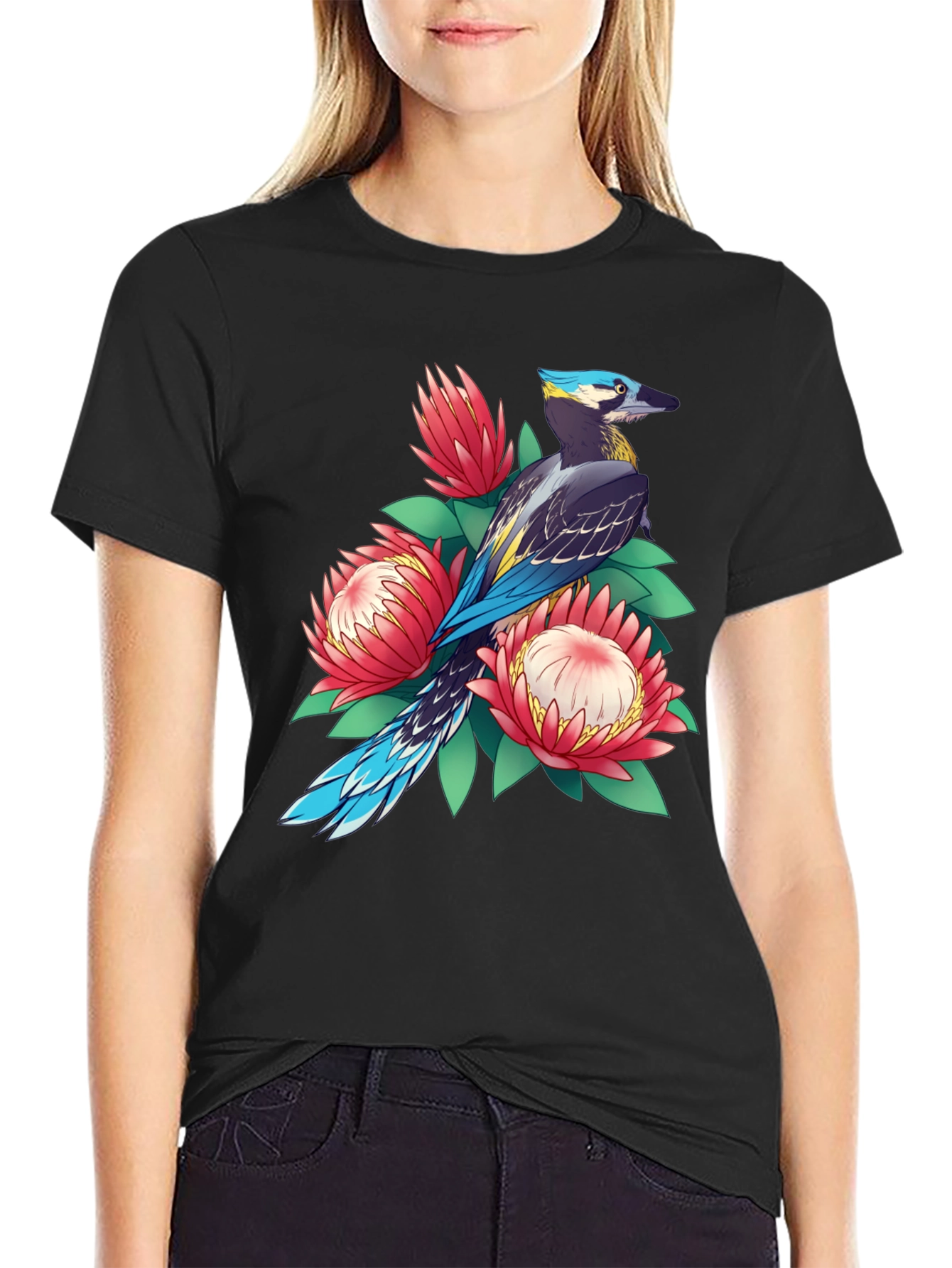 Bird & Floral Print T-Shirt - Casual Style