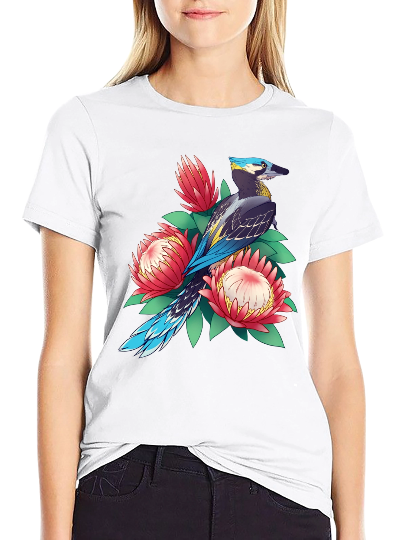 Bird & Floral Print T-Shirt - Casual Style