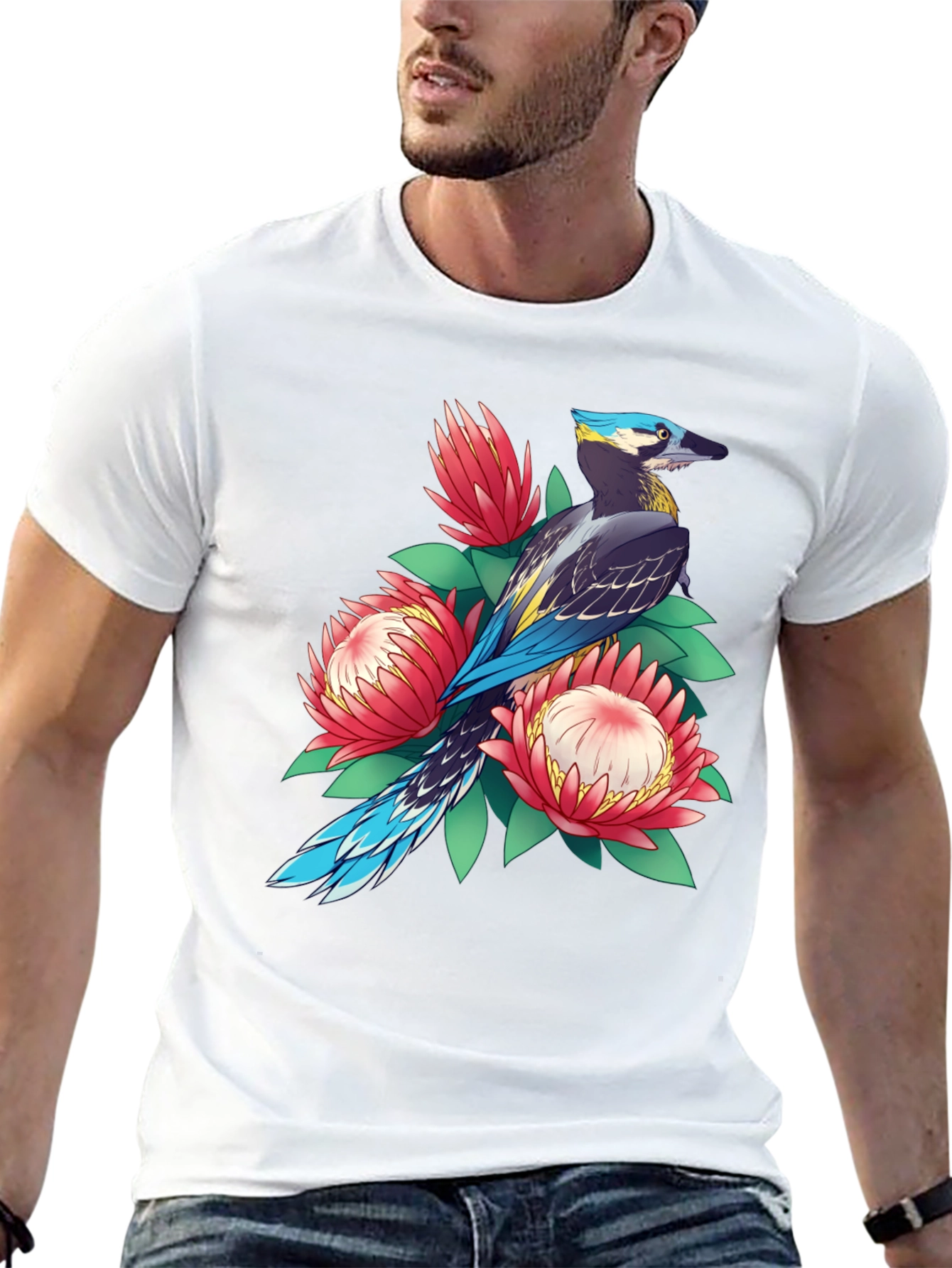Bird & Floral Print T-Shirt - Casual Style