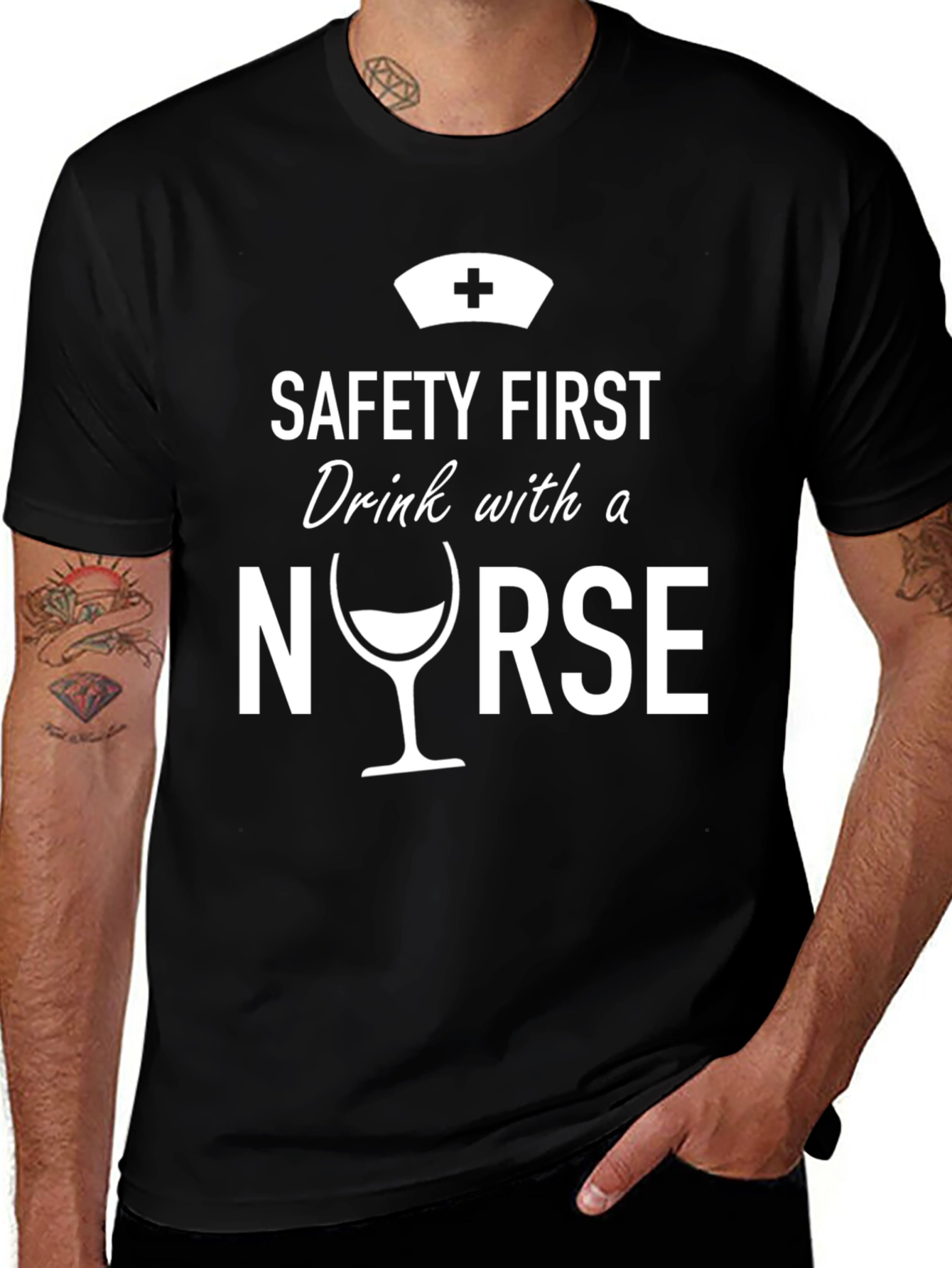 Safety First Nurse Drink T-Shirt - Black Novelty Tee