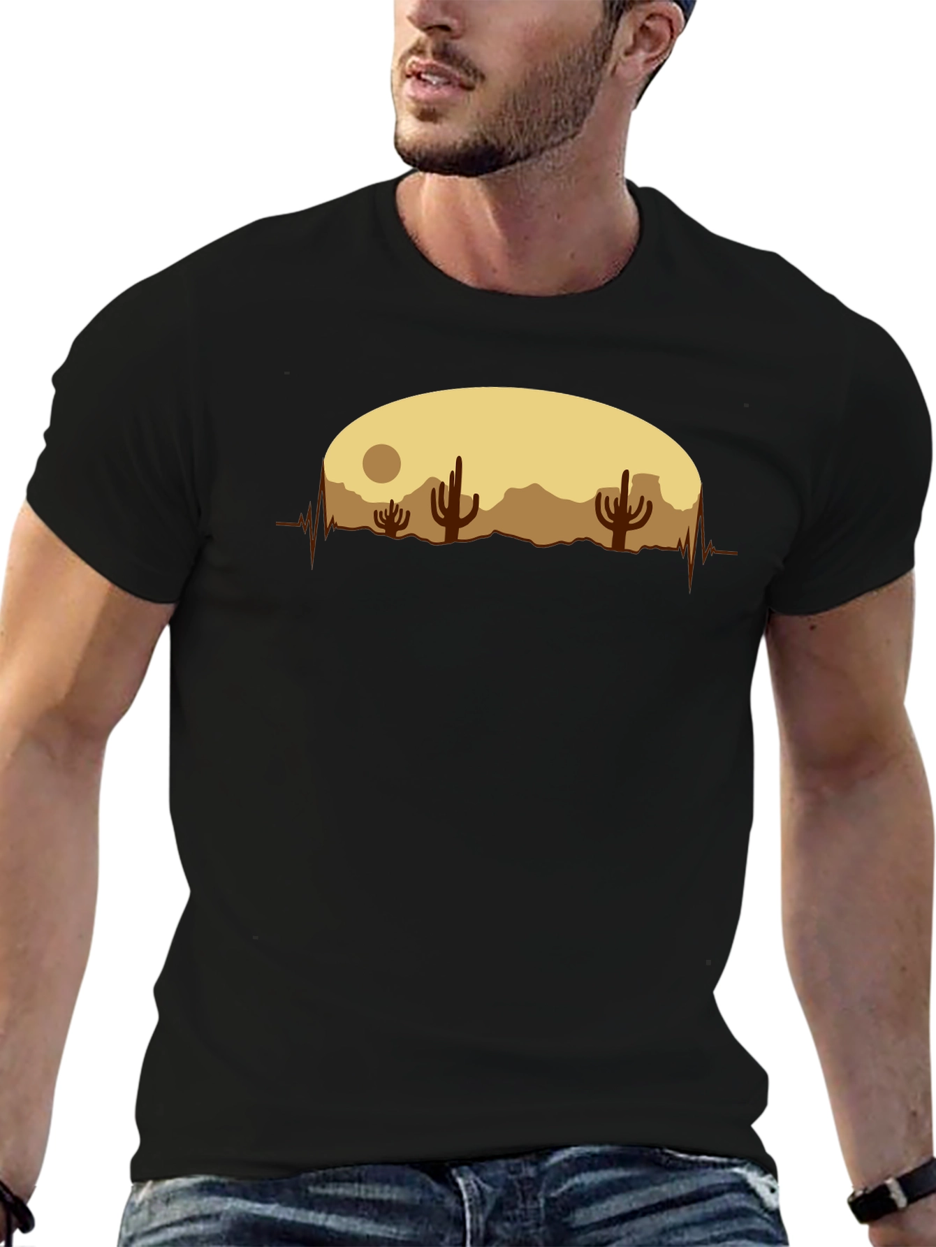 Desert Cactus Heartbeat Graphic T-Shirt - Black