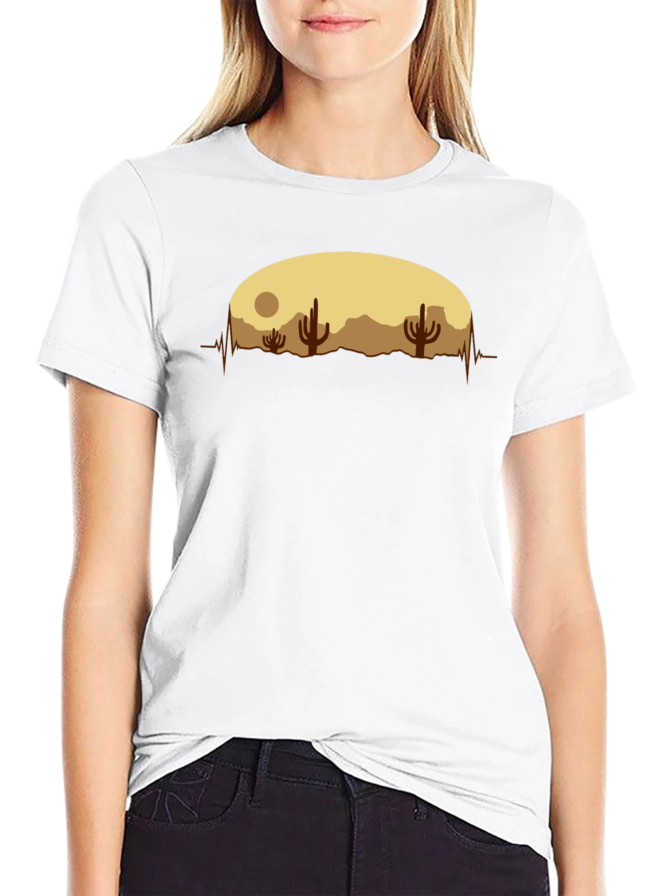 Desert Cactus Heartbeat Graphic T-Shirt - Black