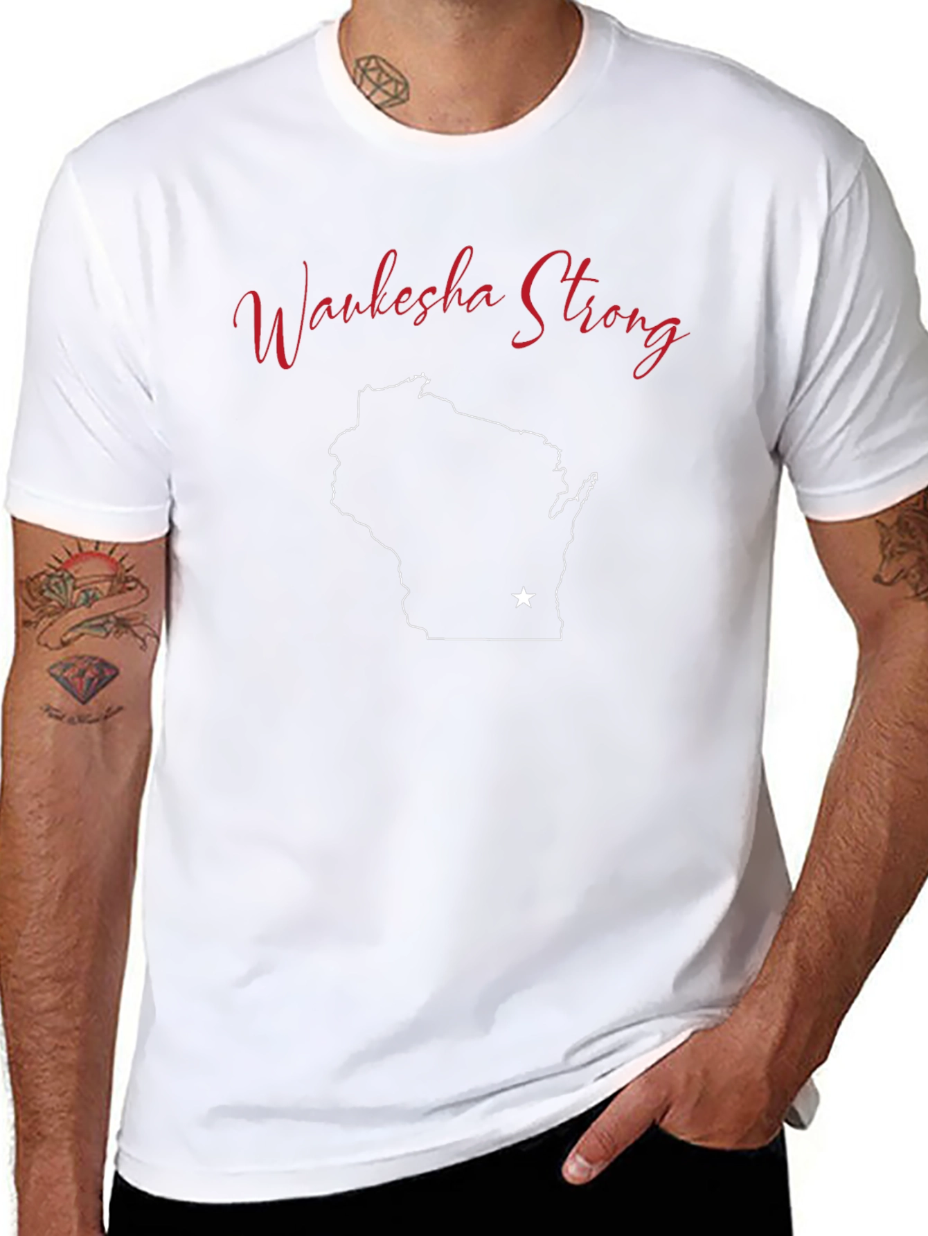 Waukesha Strong Black T-Shirt Wisconsin State Outline
