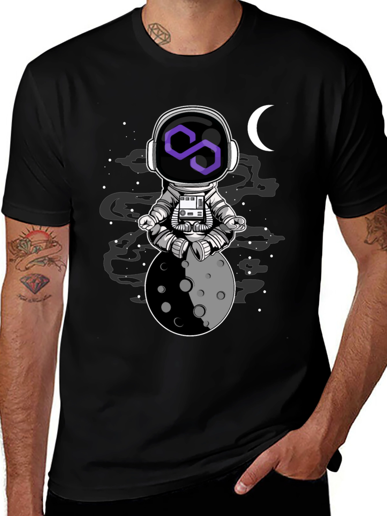 Astronaut Moon Meditation T-Shirt - Black Cotton