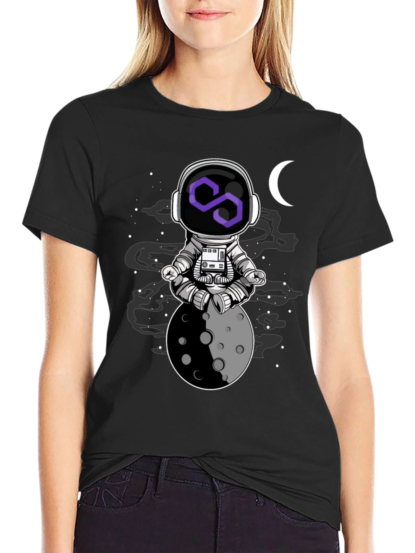 Astronaut Moon Meditation T-Shirt - Black Cotton
