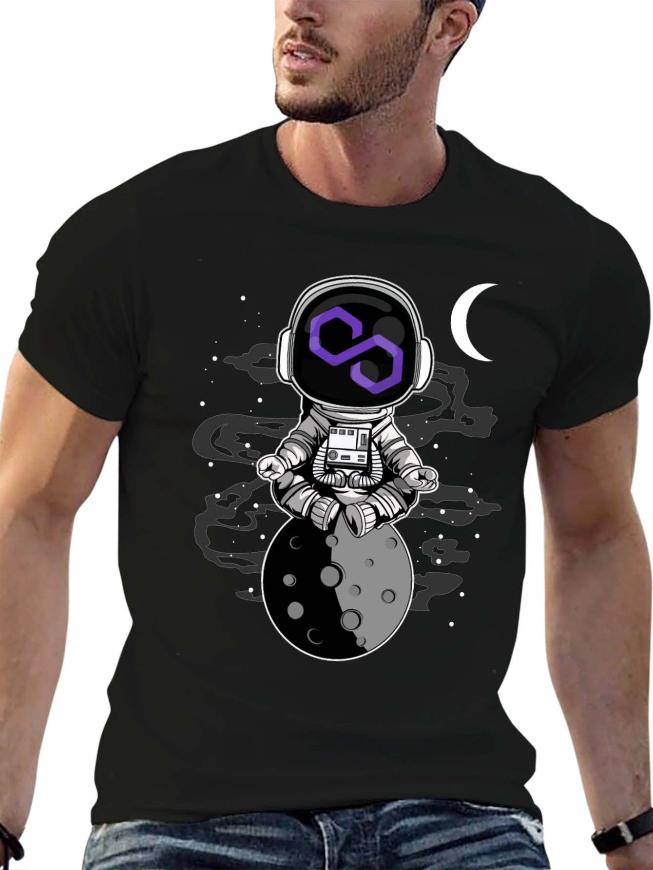 Astronaut Moon Meditation T-Shirt - Black Cotton