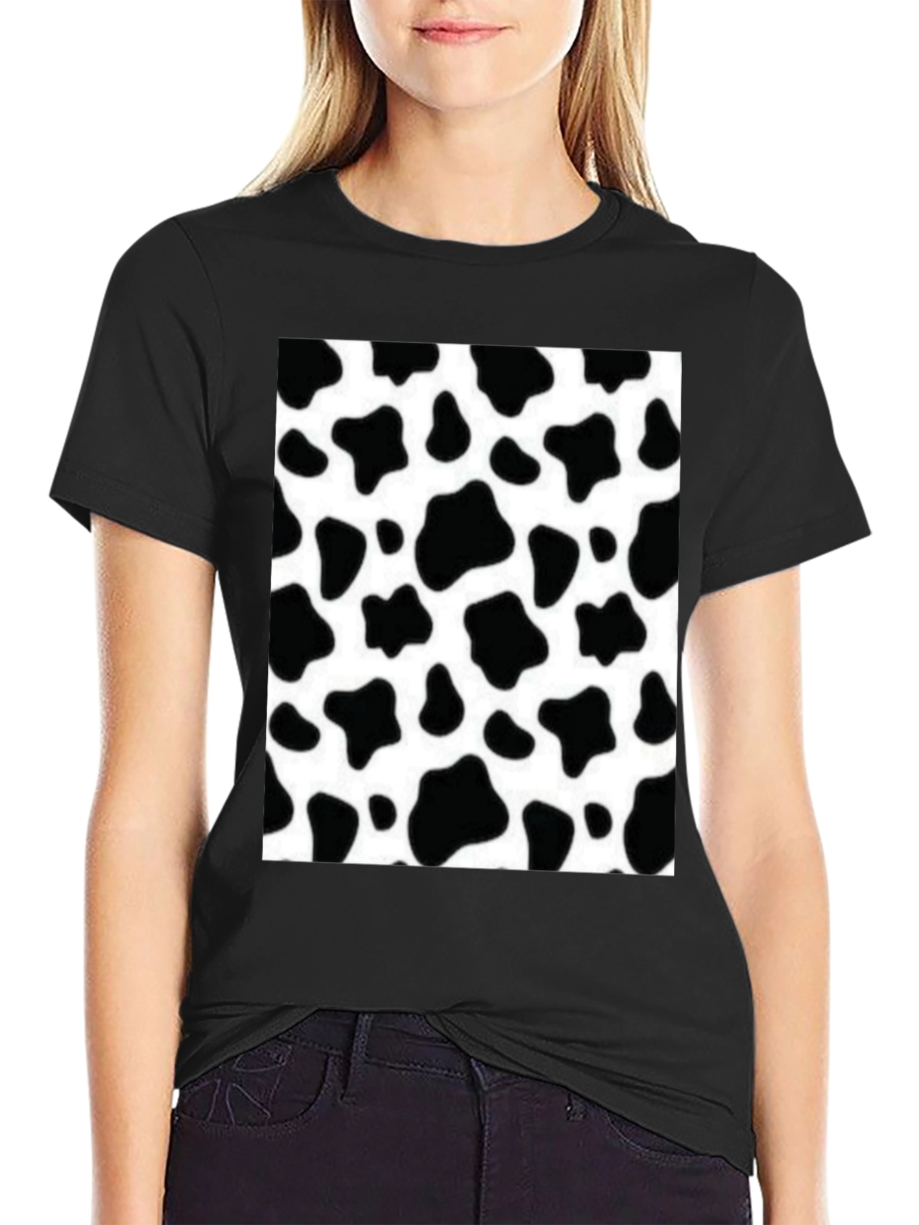 Cow Print Graphic Tee - Black Short Sleeve